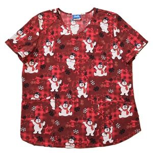 Frosty the Snowman Scrub Top‎ Women's Large Red Plaid Snowman Print V Neck